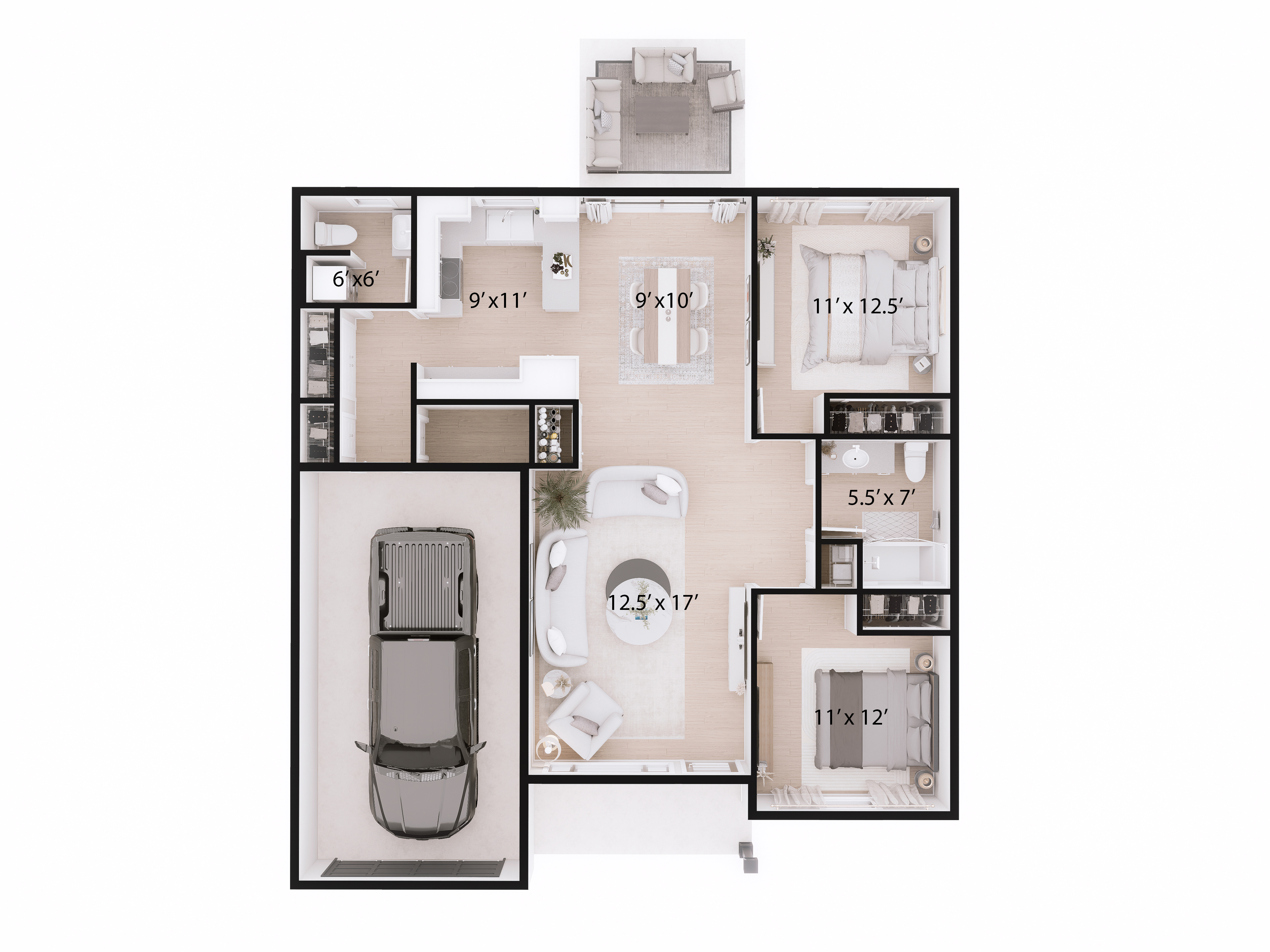 La Source floor plan, two-bedroom layout with attached garage